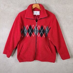 Vintage Kristen Blake Apres Jacket Womens M Red Argyle Fleece Full Zip Cozy Warm